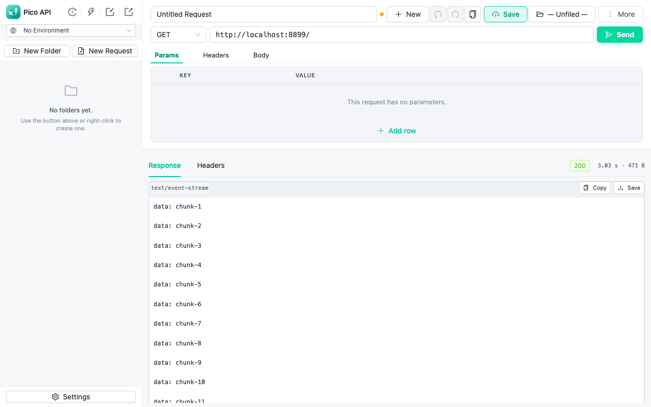 Pico API extension UI showing a streaming response with live chunks, request editor, and collection tree